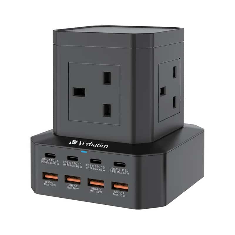 verbatim-4-ac-outlet-8-port-65w-pd-qc-3.0-power-strip-black-66960-01